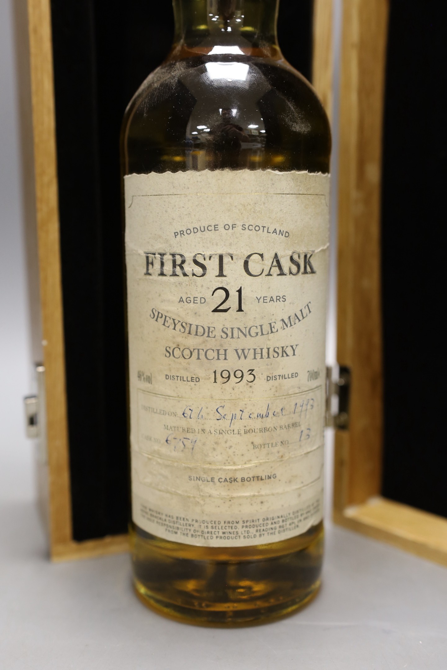 A bottle of First Cask 21 years aged single malt whisky 1993